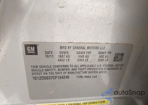 2012 Chevrolet Malibu 2Lt из США, поврежденный, VIN 1G1ZD5E07CF194246